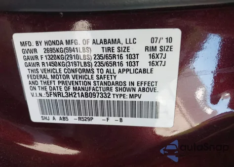 2010 Honda Odyssey Lx z USA, uszkodzony, nr VIN 5FNRL3H21AB097332